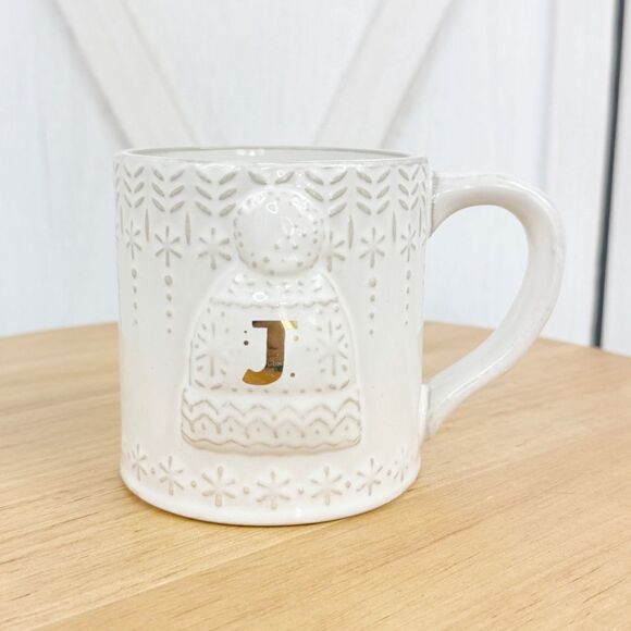 Anthropologie Snow Cap J Initial Beanie Cap Ceramic Mug White - Picture 1 of 7